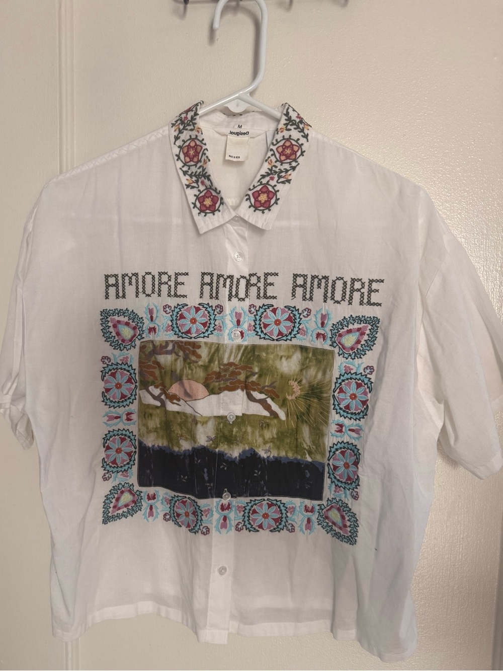 Desigual Women Medium Embroidered Graphic Button-Up Blouse - White Short Sleeve